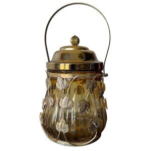 Vtg Amber Glass Musical Lidded Jar Tapered Gold Leaves Handle Made In Japan